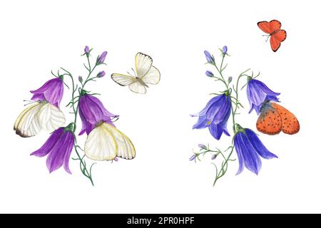 Aquarelle Bouquets von campanula, Schmetterlinge isoliert auf weißem Hintergrund. Blumenzeichnung für Postkarte, „Save the Date“, Valentinstag, Karten Stockfoto