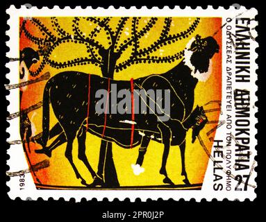 MOSKAU, RUSSLAND - 26. MÄRZ 2023: In Griechenland gedruckte Briefmarken zeigen Odysseus Flucht aus Polyphemus' Höhle, Homers Epics Serie, um 1983 Stockfoto