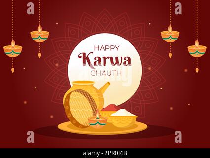 Karwa Chauth Festival Handgezeichnete flache Cartoon-Illustration, um den Neumond zu beginnen, indem man den Mondaufgang im November von Ehefrauen für ihre Ehemänner sieht Stock Vektor