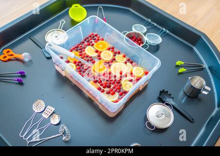 Hausgemachte Obstbar mit Küchenutensilien, Beeren und Zitrusfrüchten. Sensorische Entwicklung und Erfahrungen, Themenaktivitäten mit Kindern, Feinmotorik Stockfoto