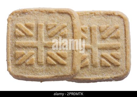 Alle Butter Shortbread Kekse zur Erinnerung an die Krönung von König Karl III. 2023 von M&S isoliert auf weißem Hintergrund Stockfoto