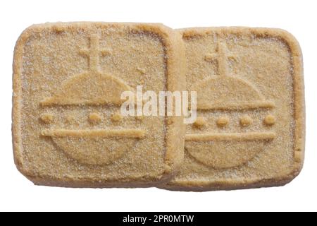 Alle Butter Shortbread Kekse zur Erinnerung an die Krönung von König Karl III. 2023 von M&S isoliert auf weißem Hintergrund Stockfoto