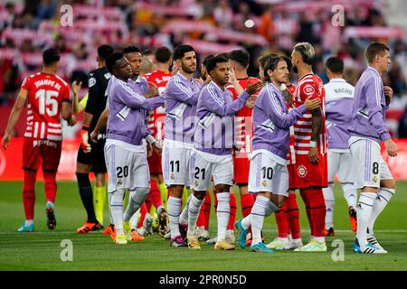 Real Madrid Spieler während des Spiels La Liga zwischen dem FC Girona und Real Madrid spielten am 25. April 2023 im Montilivi Stadium in Girona, Spanien. (Foto: Sergio Ruiz / PRESSIN) Stockfoto