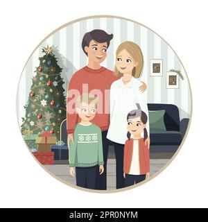 Glückliche Familie zu Hause am Weihnachtsfeiertag in der Nähe des Baumes und Geschenke Stock Vektor