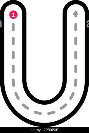 Nachverfolgung des Alphabets Großbuchstabe U Vorschreiben gepunktetes Linienelement für Kinder im Kindergarten, Vorschule und Montessori-Schule Arbeitsblatt für Handschriftübungen. Stock Vektor
