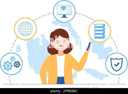Intranet-Internet-Netzwerk-Verbindungstechnologie zur Weitergabe vertraulicher Unternehmensinformationen in handgezeichneter Cartoon-Grafik Stock Vektor