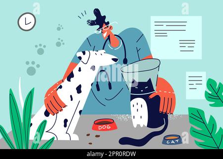 Lächelnder Tierarzt mit Haustieren in der Klinik Stock Vektor