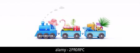 Blauer Zug und Wagen gefüllt mit Gepäck und Strandzubehör auf weißem Hintergrund. Kreative Sommeridee 3D Rendern Stockfoto