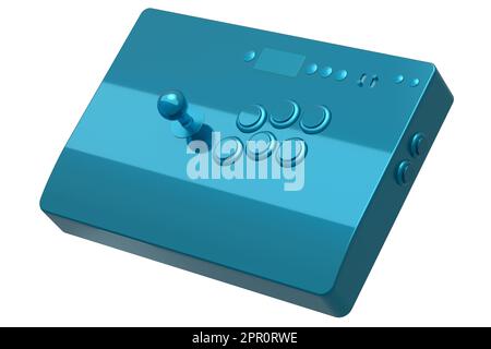 Klassischer Arcade-Stick mit Joystick und Knöpfen in Turnier-Qualität mit blauer Chromstruktur auf weißem Hintergrund. 3D-Rendering von Spielautomaten, Streaming g Stockfoto
