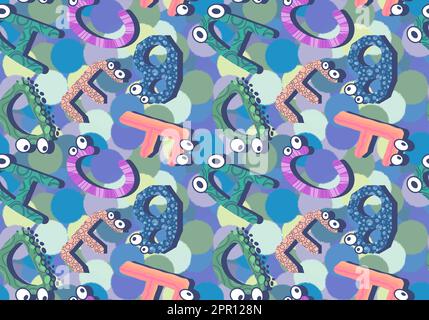 Zeichentrickfilm englische Buchstaben nahtlose Monster mit Augenmuster für Kinderbekleidung und Accessoires, Bettwäsche und Stoffe und Kindergarten-Tex Stockfoto
