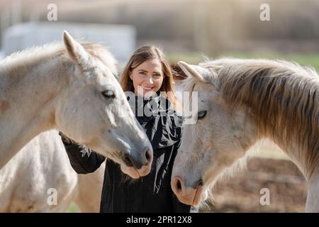 Junge Frau in schwarzer Reitjacke in der Nähe einer Gruppe von weißen arabischen Pferden, die glücklich lächeln, einer auf jeder Seite, Nahaufnahme Detail Stockfoto