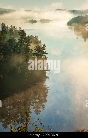 Blick aus der Vogelperspektive auf den Grenzsee und die Bäume im Morgennebel im Norden Minnesotas im Herbst Stockfoto