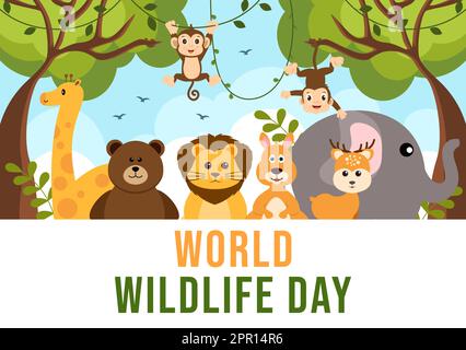 Welttag der Tierwelt am 3.. März, um das Bewusstsein für Tiere zu schärfen, ihr Habitat in Forest in Flat Cartoon handgezeichnete Vorlage zu Pflanzen und zu erhalten Stock Vektor