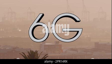 Bild mit 6g-Text über dem modernen Stadtbild Stockfoto