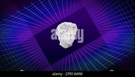 Bild eines Skulpturenkopfes über violetten Neonlinien Stockfoto