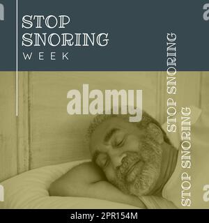 Zusammensetzung des Textes "Stopp Schnarchen Woche" über einen birassischen Mann, der im Bett schläft Stockfoto