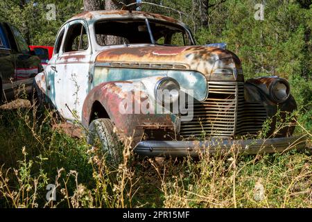 Ein altes, verlassenes Automobil auf einem Feld in British Columbia, Kanada. Stockfoto