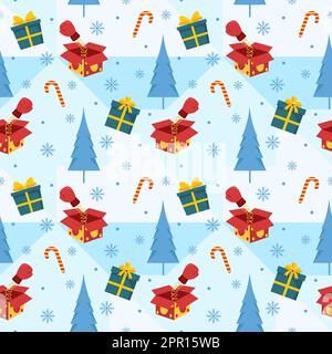 Boxing Day Sale Nahtloses Muster-Design mit Handschuh und Geschenkbox für Promotion oder Shopping auf Vorlage Hand gezeichnet Cartoon flache Illustration Stock Vektor