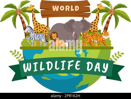 Welttag der Tierwelt am 3.. März, um das Bewusstsein für Tiere zu schärfen, ihr Habitat in Forest in Flat Cartoon handgezeichnete Vorlage zu Pflanzen und zu erhalten Stock Vektor