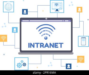 Intranet-Internet-Netzwerk-Verbindungstechnologie zur Weitergabe vertraulicher Unternehmensinformationen in handgezeichneter Cartoon-Grafik Stock Vektor