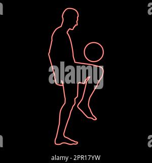 Neonfußballspieler jongliert mit seinem Knie oder stopft den Ball auf seinen Fuß Silhouettensymbol rote Farbe Vektor Abbildung flacher Stil Stock Vektor