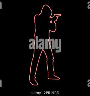 Neonmann in der Kapuze mit Pistolenkonzept Gefahr kurzer Arm Symbol rot Farbe Vektor Illustration Bild flach Stock Vektor