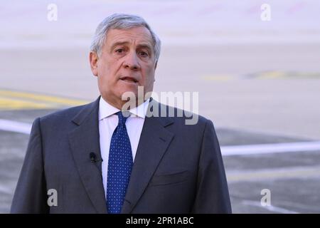 Während der Pressekonferenz des stellvertretenden Ministerpräsidenten und Ministers für auswärtige Angelegenheiten und internationale Zusammenarbeit, Antonio Tajani, und der Ministen Stockfoto