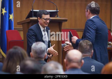 Bukarest, Rumänien. 25. April 2023: Octavian Armasu, Gouverneur der Nationalbank von Moldau, nimmt an der BNR-ASE-Jahreskonferenz in Rumänien Teil. Kredit: Lucian Alecu/Alamy Live News Stockfoto