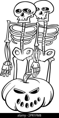 Cartoon-Skelette mit Halloween-Kürbis-Malseite Stock Vektor