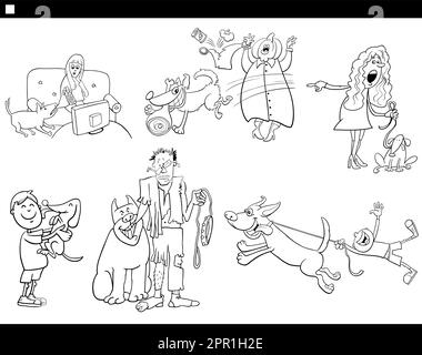Cartoon-Tierbesitzer mit ihren Hunden Comic-Set-Malseite Stock Vektor