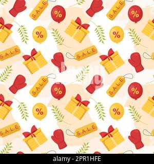 Boxing Day Sale Nahtloses Muster-Design mit Handschuh und Geschenkbox für Promotion oder Shopping auf Vorlage Hand gezeichnet Cartoon flache Illustration Stock Vektor