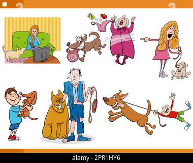 Cartoon-Tierbesitzer mit ihren Hunden Comic-Set Stock Vektor