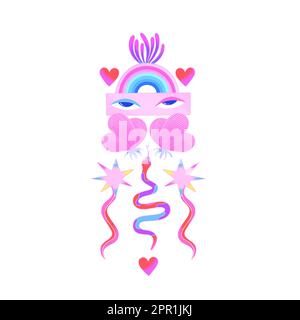 Farbenfrohe psychedelische Komposition mit menschlichen Augen, Schlangen, Sternen, Regenbogen isoliert auf weißem Hintergrund. Zeitgenössische Kunst. Abstraktes Design. Notizbuch-Cover, Aufdruck auf T-Shirt, Poster, Aufkleber Stock Vektor