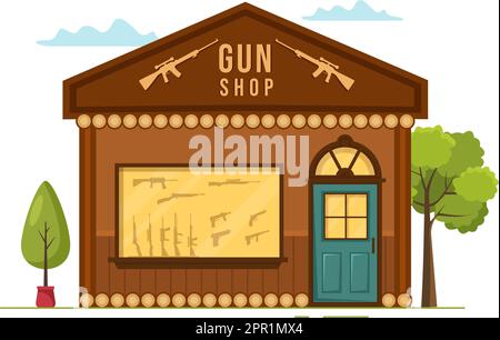 Waffengeschäft oder Jagd mit Gewehr, Kugel, Waffe und Jagdausrüstung in flacher Cartoon Handgezeichnete Vorlagen Illustration Stock Vektor