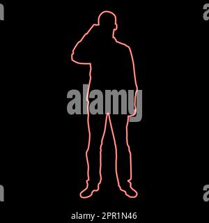 Neon-Mann trinkt aus einer Tasse, steht rot Farbvektor Abbildung flacher Stil Stock Vektor