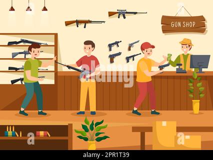 Waffengeschäft oder Jagd mit Gewehr, Kugel, Waffe und Jagdausrüstung in flacher Cartoon Handgezeichnete Vorlagen Illustration Stock Vektor