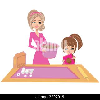 Glückliche Tochter ihre Mutter backen Cookies helfen Stock Vektor