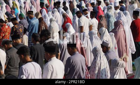 Moslems im Feld beten Idul Fitri am Morgen Stockfoto