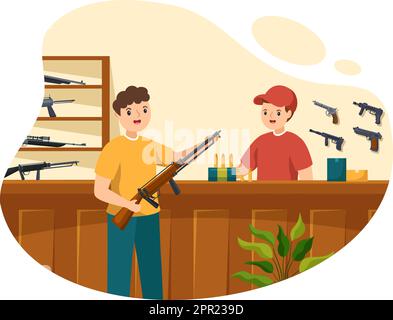 Waffengeschäft oder Jagd mit Gewehr, Kugel, Waffe und Jagdausrüstung in flacher Cartoon Handgezeichnete Vorlagen Illustration Stock Vektor