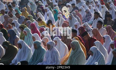 Moslems im Feld beten Idul Fitri am Morgen. Stockfoto