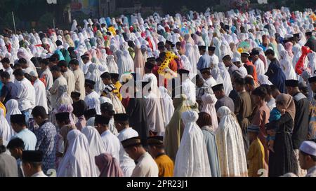 Moslems im Feld beten Idul Fitri am Morgen. Stockfoto