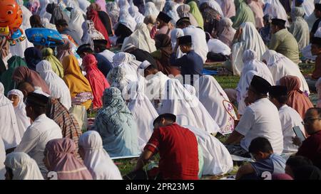 Moslems im Feld beten Idul Fitri am Morgen. Stockfoto