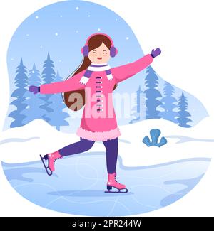 Eislaufen Handgezeichnete Cartoon flache Illustration von Winterspaß Outdoor Sport-Aktivitäten auf Eisbahn mit saisonaler Oberbekleidung Stock Vektor