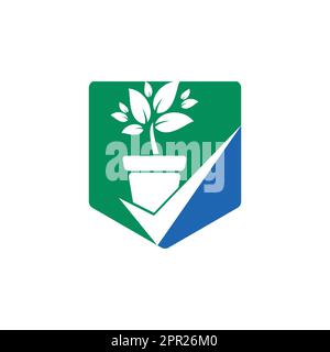 Design des Vektorlogos für den Garten prüfen. Häkchen- und Blumentopf-Symbol. Stock Vektor