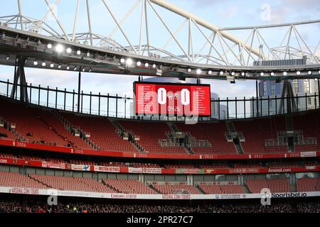 Die Anzeigetafel während des Finales des FA Youth Cup zwischen Arsenal U18s und West Ham United U18s im Emirates Stadium, London, am Dienstag, den 25. April 2023. (Foto: Tom West | MI News) Guthaben: MI News & Sport /Alamy Live News Stockfoto