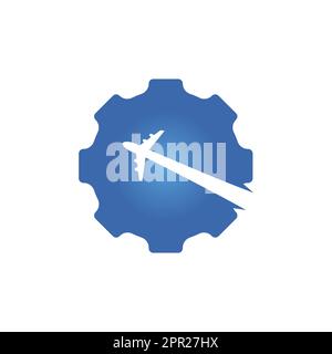 Design mit Vektorlogo für den Zahnradweg. Abstrakter Flugzeugflug mit Gear Logo-Design. Stock Vektor