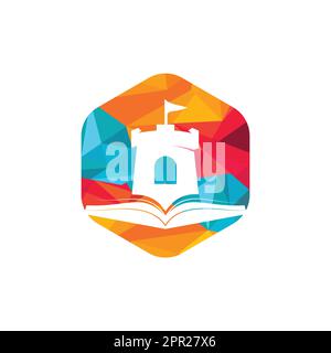 Design mit dem Vektorlogo des Schlossbuches. Einzigartige Designvorlage für Buchladen, Bibliothek und Festung mit Logo. Stock Vektor