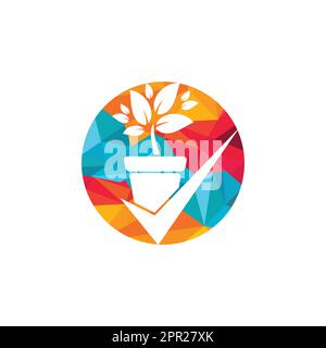 Design des Vektorlogos für den Garten prüfen. Häkchen- und Blumentopf-Symbol. Stock Vektor