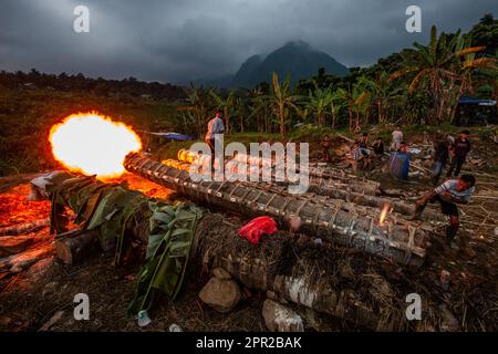 Die Bewohner von Cihanjawar Village, Bogor, West Java, Indonesien, stellten am 25. April 2023 für das Kulturfestival Kanonen aus Randu-Bäumen her Stockfoto