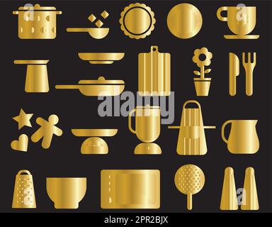 Goldene Küchen-Ikonen-Set Stock Vektor